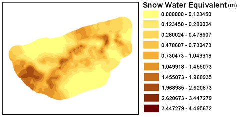 Point measurements of snow depth were distributed over the basin using spatial kriging.